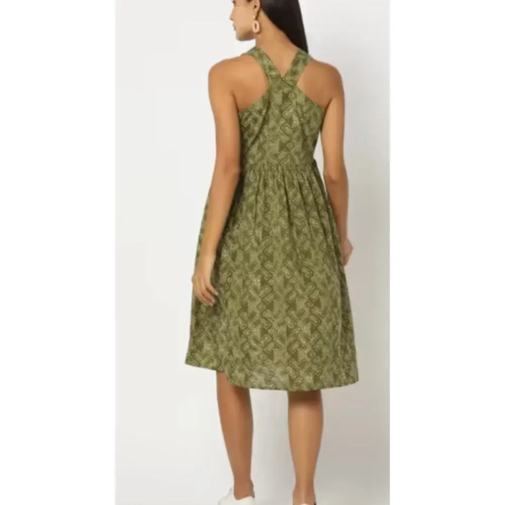 Svrnaa Anthropologie Printed Fit & Flare Dress Olive Green Size S - Picture 3 of 13